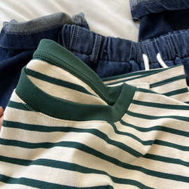 显白复古绿色条纹短袖T恤女 宽松显瘦棉质打底衫上衣学生夏季