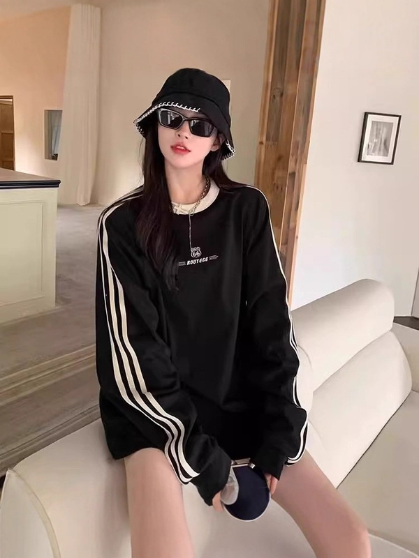 美式潮牌黑色三条杠圆领卫衣女春秋新款设计感宽松插肩男女款上衣|undefined
