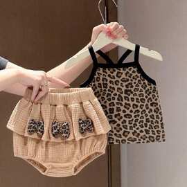 婴儿婴幼儿宝宝吊带夏季豹纹衣服洋气背心时髦月龄套装分体发完棉