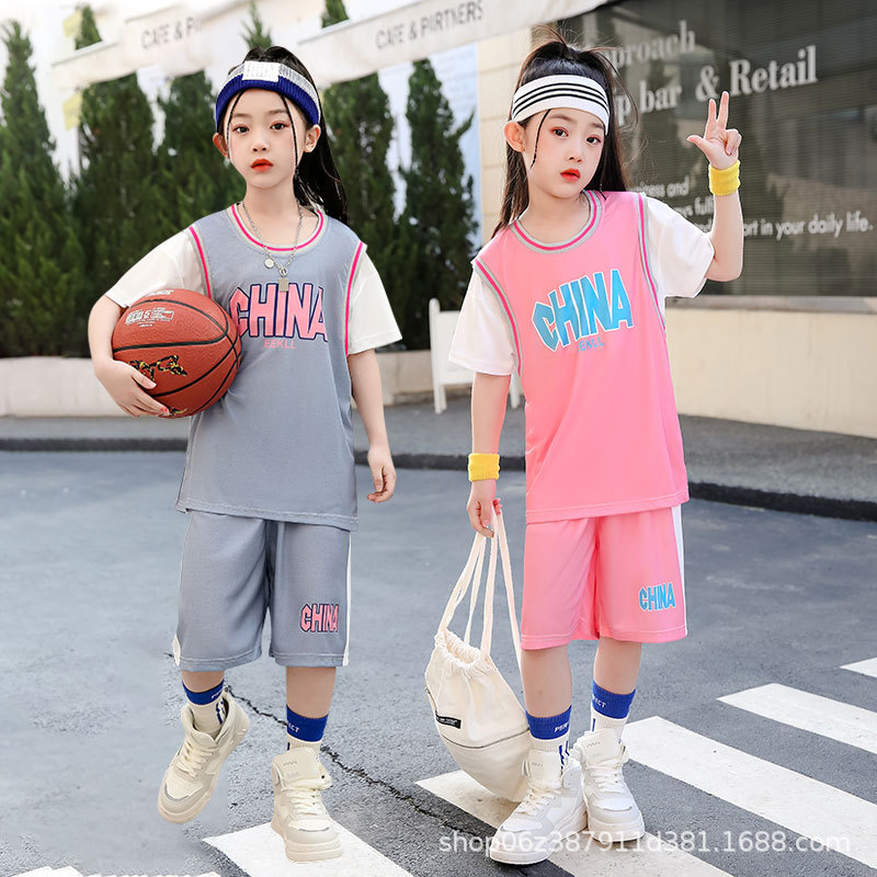 Girls' summer uniform sports suit children's new girls' quick-drying basketball uniform student fake two-piece short-sleeved jersey