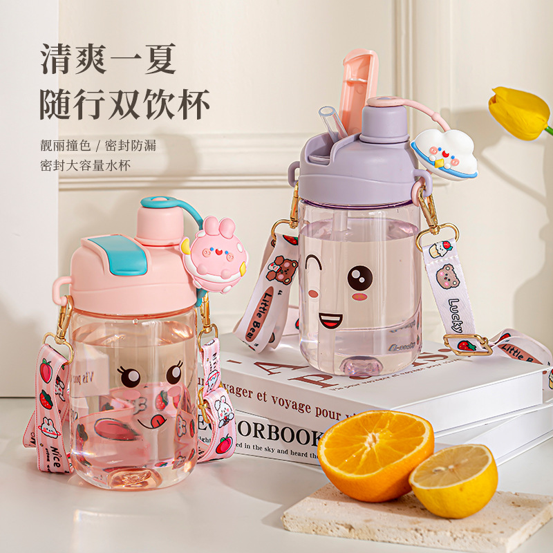 Cartoon plastic water cup for kids, with straw, unisex summer large belly cup, portable for outdoor sports, customizable