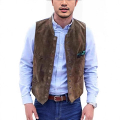 跨境亚马逊独立站工装欧美复古男士马甲鹿皮绒多扣休闲外套英伦风