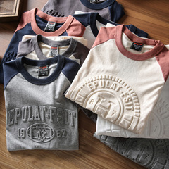 立體壓印!水洗全棉磨毛美式休閒拼撞色袖秋季圓領長袖T恤打底衫男