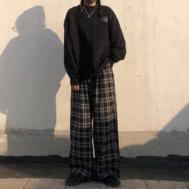TEMU黑色格子阔腿裤新款时尚显瘦高腰垂感休闲裤拖地男女直筒裤