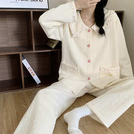 女士纯色空气棉夹层睡衣秋冬款长袖长裤甜美花朵家居服套装可外穿