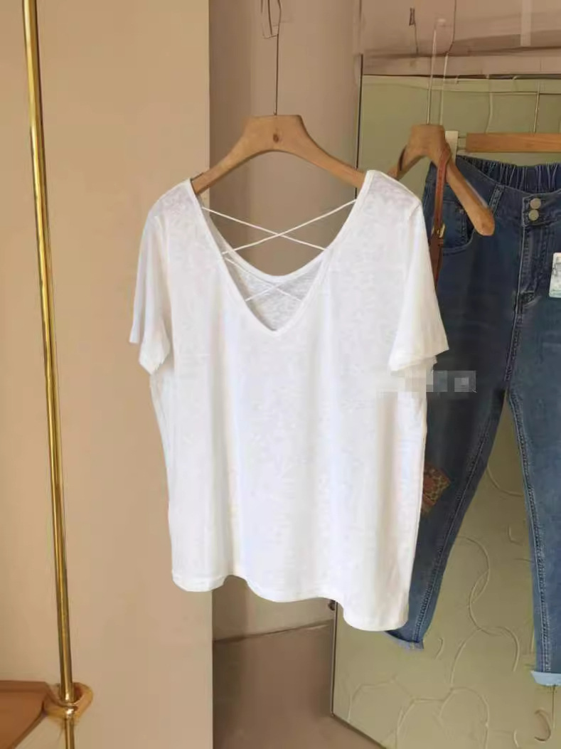 Hollow Scheming Backless top Pure Cotton Fat mm Covering the Flesh Loose Slimming Look Large Size Short-sleeved t-shirt Women's Design ins trend