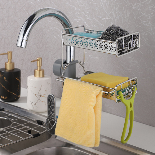 Square tube flat faucet storage rack household pool sponge drain hanging basket kitchen storage rack 304 stainless steel