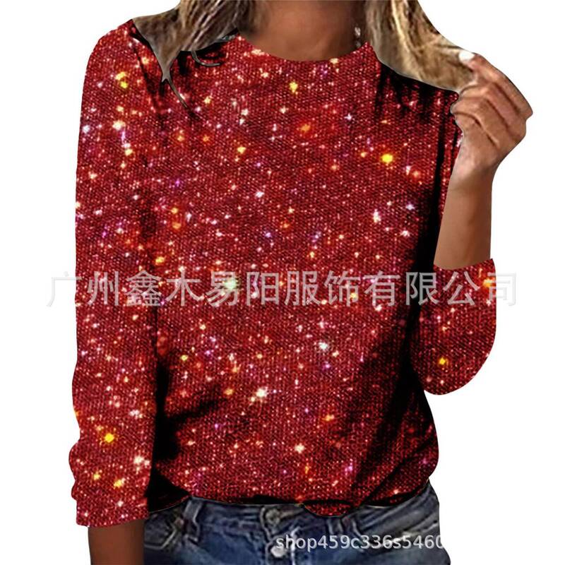 Cross-border European and American Amazon Independent Station AliExpress New Sequin T-shirt Crewneck Long Sleeve Women's Pullover Trend Women