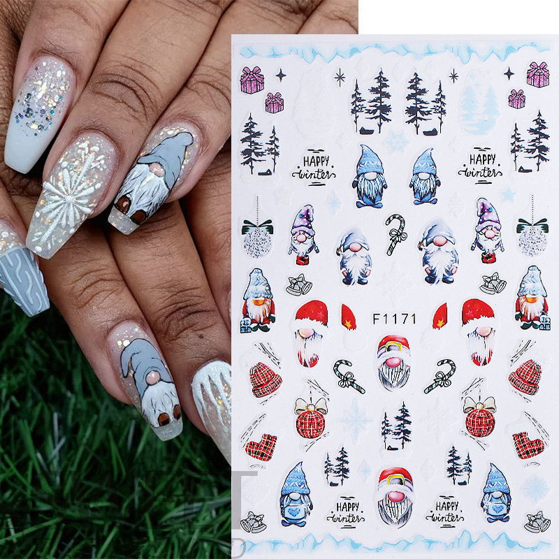 Nail Art Christmas Stickers 3D Christmas Series Cartoon Dwarf Old Man Snowflake Stickers Nail Art Stickers Christmas Nail Stickers