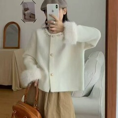 2025新款欧货时尚别致仿貂毛重工订珠法式时尚针织女毛衣外套软糯