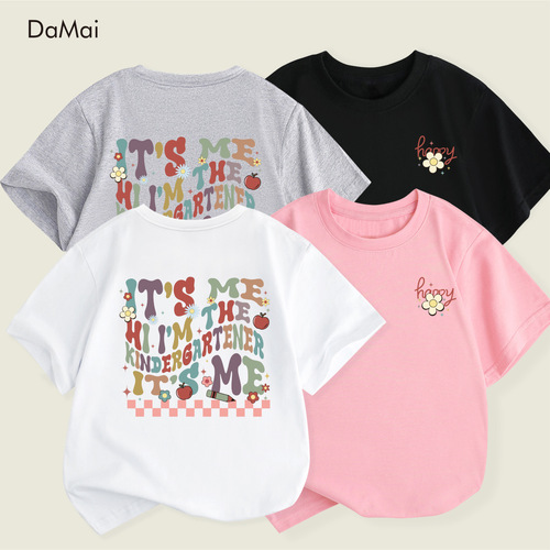 Cute Short Sleeve T-Shirt for European and American Girls, Back-to-School Season Letter Print Casual Summer Round Neck Children's Clothing, Dropshipping