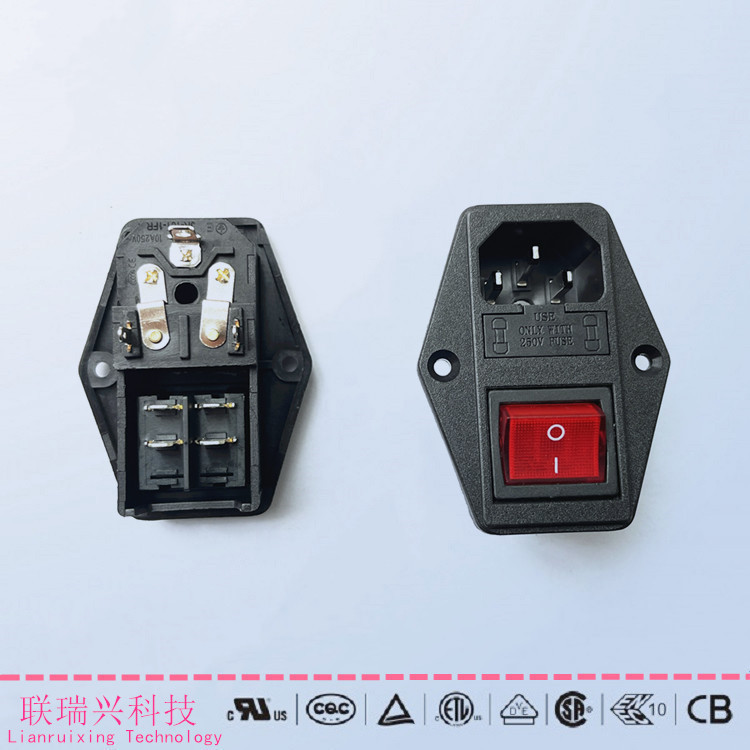 AC插座三合一双保险丝插座4脚带红灯开关JR-101-1FR医疗器械插座