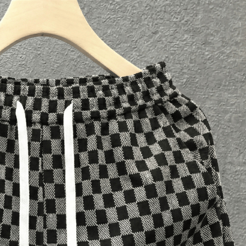 Men's Summer Casual Houndstooth Print Shorts, Loose Fit Straight Leg 5-Inch Inseam High Street Retro Style Shorts For Daily Streetwear_viptrois.com