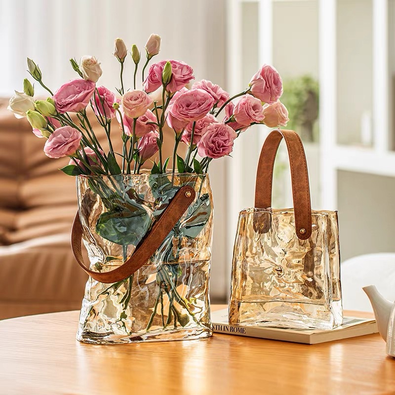 Xiaodongshu mismo bolso florero de vidrio Internet estilo celebridad de alta apariencia sala de estar arreglo floral decoración artesanía