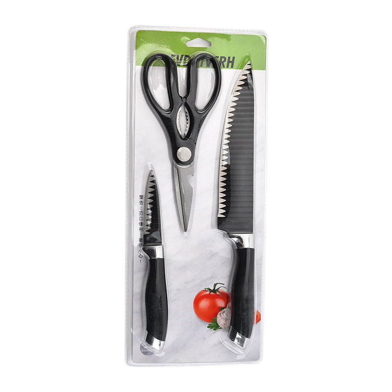 Yangjiang cuchillo de cocina negro doble cabeza galvanizada ondulada de tres piezas cuchillo de doble cara succión transfronteriza fuente directa fábrica al por mayor