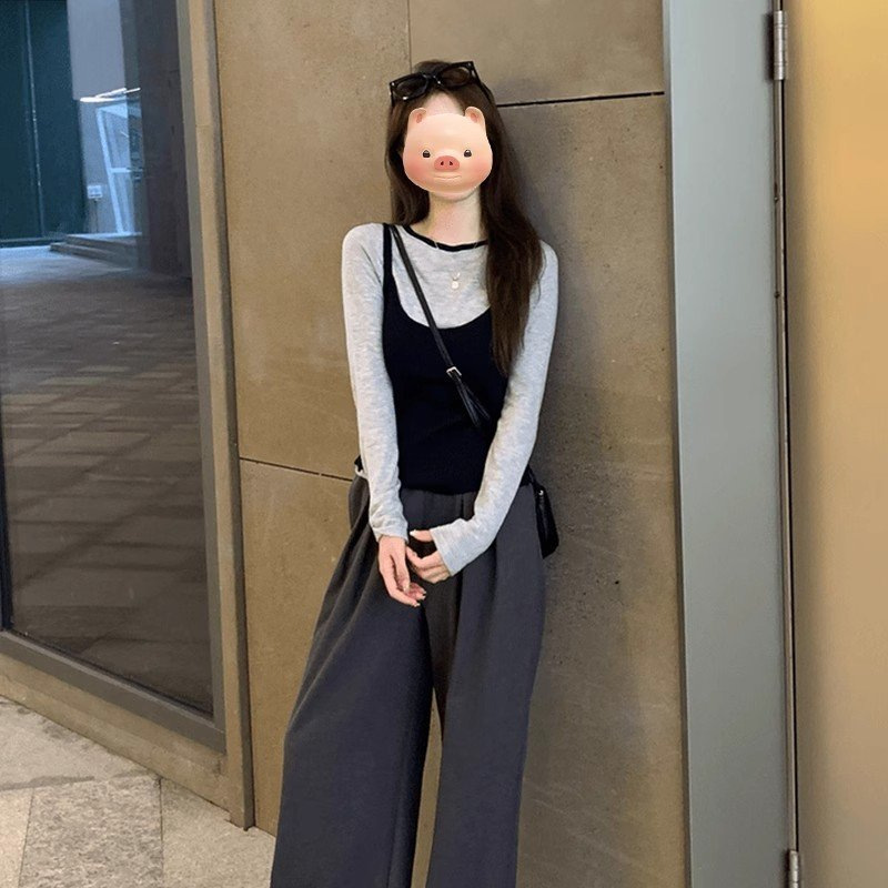 한국 스타일 스택 콘트라스트 크루 넥 니트 긴팔 티셔츠 여성용 가을 2024 새로운 슬림 핏 내베이스 셔츠 탑