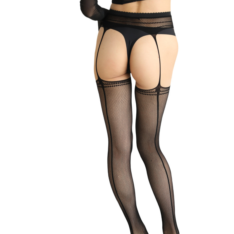 Cross-Border European and American Plus-Size Fishnet Suspender Stockings with Vertical Lines, Sexy No-Take-Off Fine Mesh Black Striped Erotic Bodystocking
