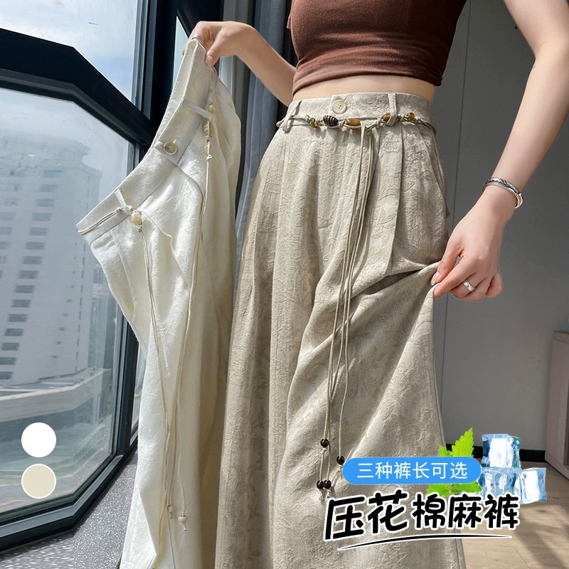 Реальный снимок летних женских брюк 2025 года: новые тонкие, тисненые, из льняной и хлопковой ткани типа «айс-шелк», широкие, с высокой талией, с защитой от солнца, с принтом, повседневные.