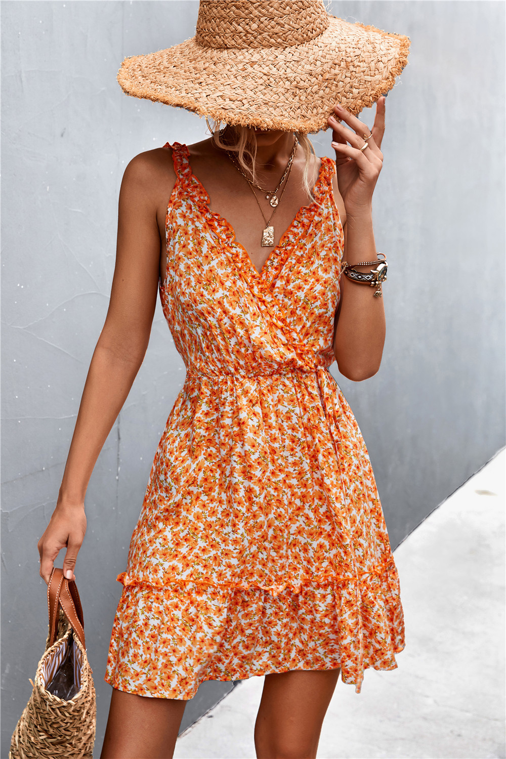 V-Neck Ruffled Sling Floral Dress NSLNZ123419