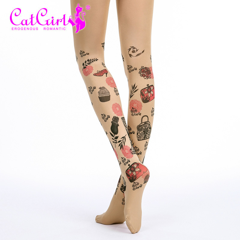 catgirl Fake Thigh Stockings Japanese Harajuku Tattoo Printed Pantyhose with Pattern Distinctive Korean Fashionable Socks