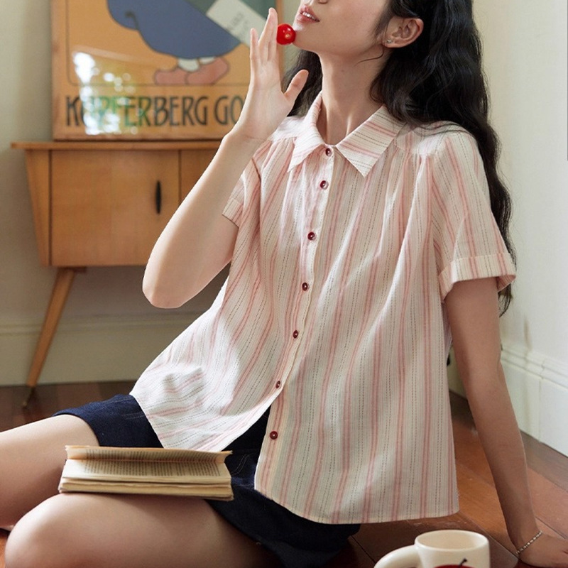 红色竖条纹翻领短袖衬衫女夏季法式复古宽松棉通勤上衣