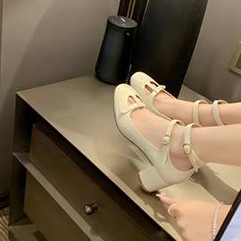 羊皮版~葡萄妈同款法式通勤镂空双搭扣粗跟玛丽珍鞋女高跟单鞋