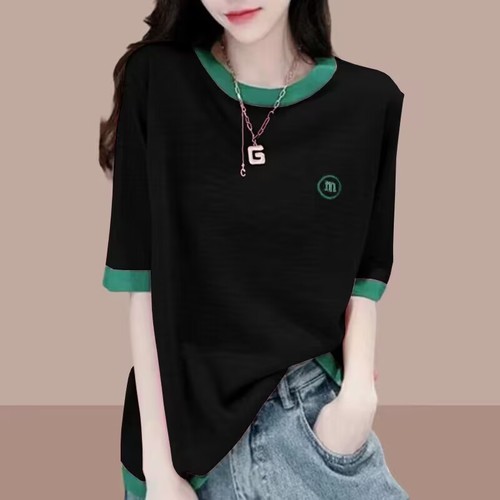 Short-sleeved bamboo joint cotton T-shirt for women 2025 spring and summer new thin large size loose casual spliced ​​half-sleeved top for women