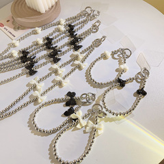 ins韓系蝴蝶結愛心銀色珠珠短款手繩斜跨長繩通用手機殼diy背帶式