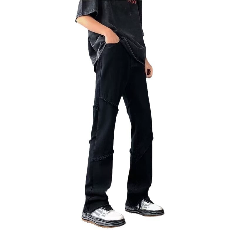 Летние черные джинсы-брюки в американском стиле, slim fit, свободно-прямой силуэт