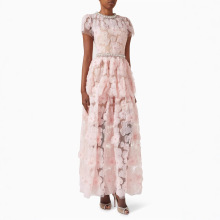 25夏设计师潮牌优雅气质钉珠圆领刺绣蕾丝蛋糕连衣长裙晚礼服
