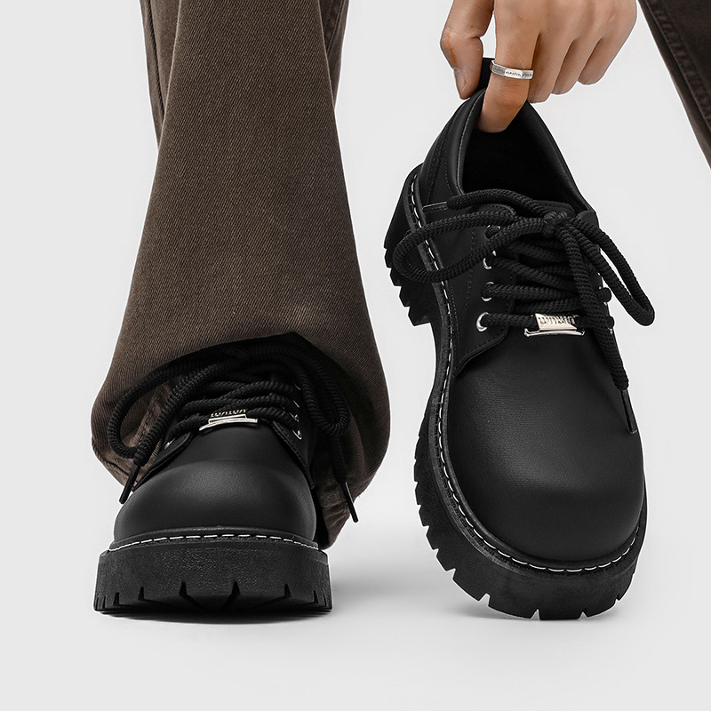 Men's Derby Shoes with Thick Soles, Height-Increasing Martin Boots, Black Large Round Toe, Commuter Cleanfit Work Casual Leather Shoes