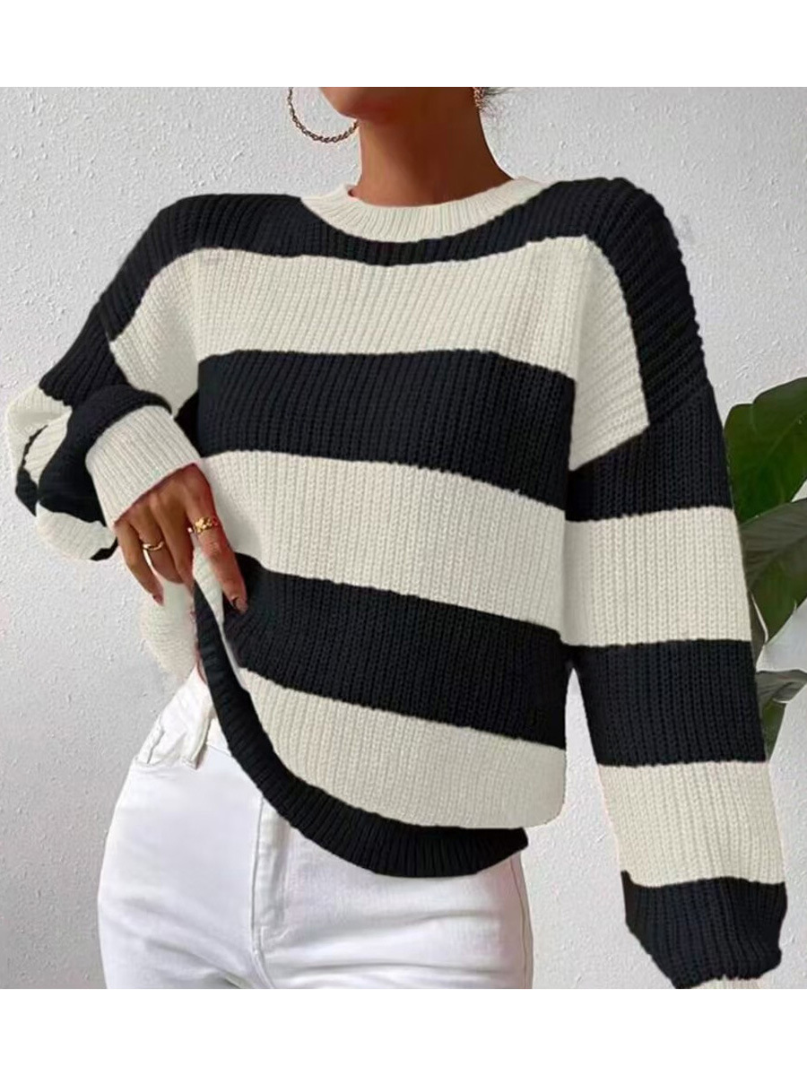 Daily Occasion Round Neck Neckline Wholesale Women's Casual Color Block Stripe Long Sleeve Contrast Binding Sweaters & Cardigans