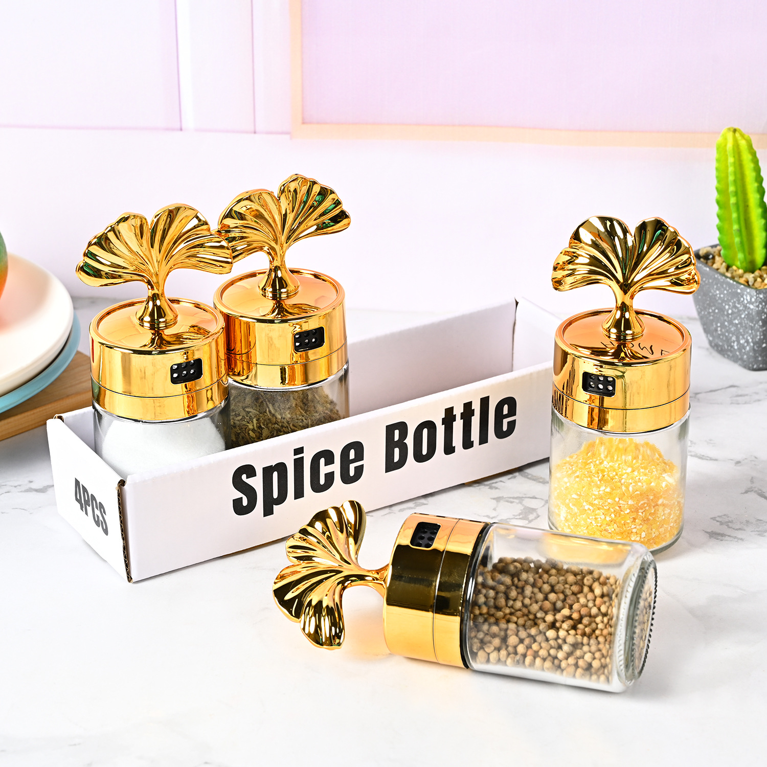 Nueva cocina sellada ginkgo hoja condimento botella hogar frasco de sal vidrio condimento botella condimento caja MSG condimento botella