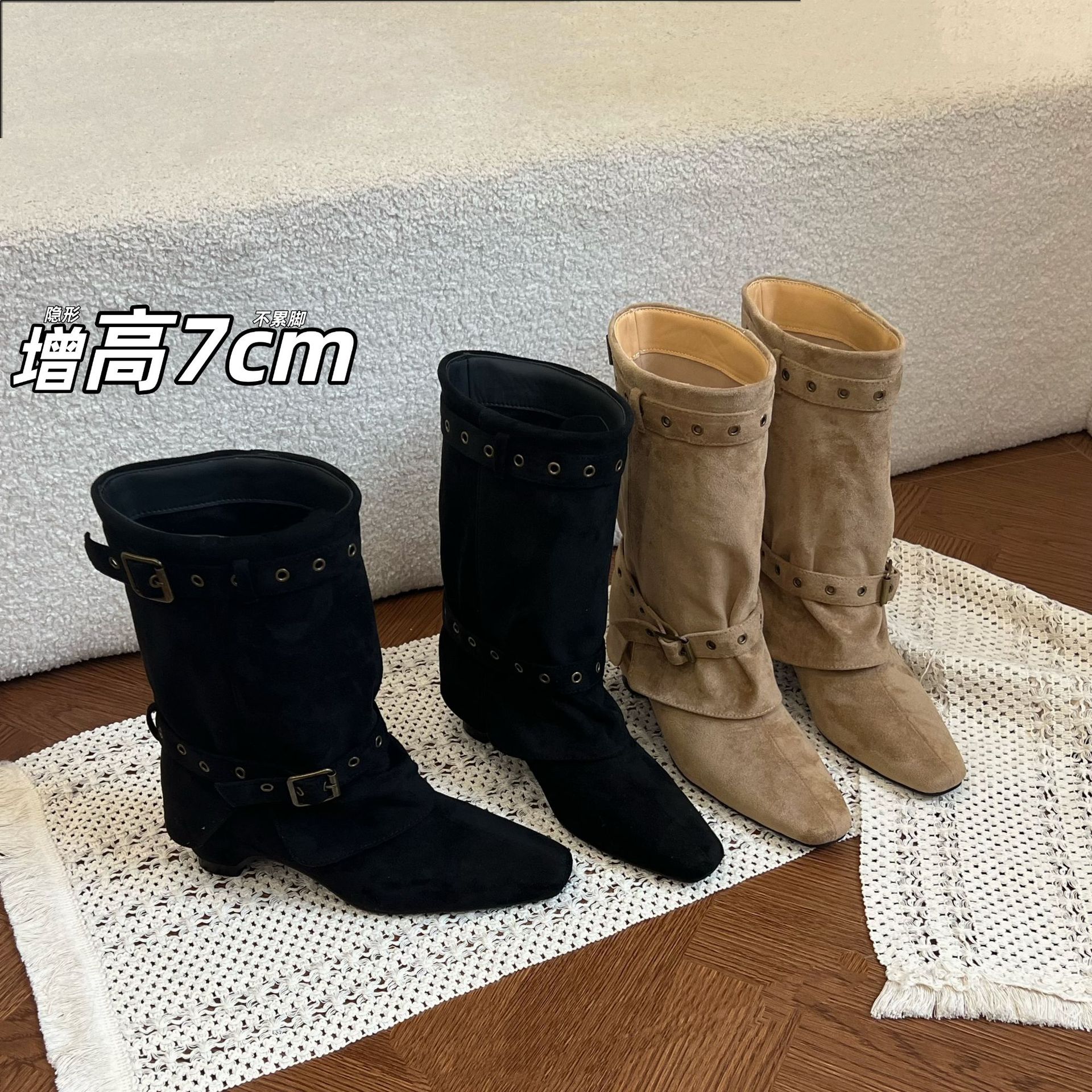 Botas de Caballero Tipo Pantalón para Mujer de 7 cm, Terciopelo, Con Elevación y Térmicas image 1