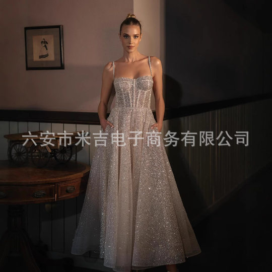 Amazon Hot Sling Silver Spray Short Wedding Dress Shiny Party Dress AliExpress Cross-border E-commerce Supply