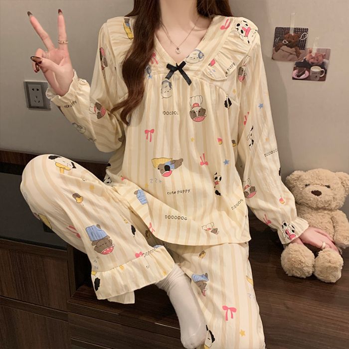 Pijamas de algodón nubes al por mayor transfronterizos de primavera y otoño de mujeres pantalones de manga larga de dos piezas con dibujos animados a rayas coreanas lindos ropa para el hogar