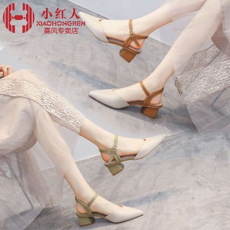 Little Red One Strap Sandals Women's Summer Pointed Toe Shoes 2025 New Versatile Medium Heel Thick Heel Fairy Style Women
