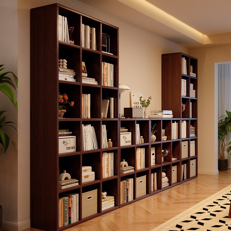 Walnut-Colored Solid Wood Bookshelf, Floor-Standing Storage Rack, One-Wall Bookcase, Living Room Wall-Mounted Storage and Display Integrated Unit