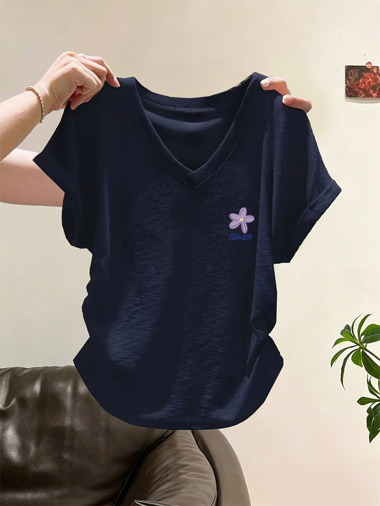 V-Neck Waist-Cinching Short-Sleeve High-End Design Pure Cotton Short-Sleeve T-Shirt for Women, Slim Fit, Age-Reducing Top, Summer 2026