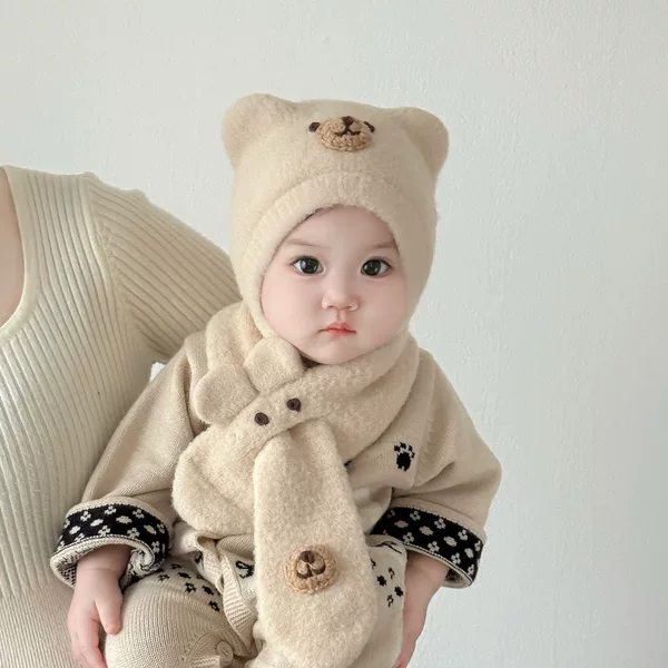 Baby hat, winter knitted hat and scarf set, adorable and cute, thickened for warmth, ear-protecting, and windproof