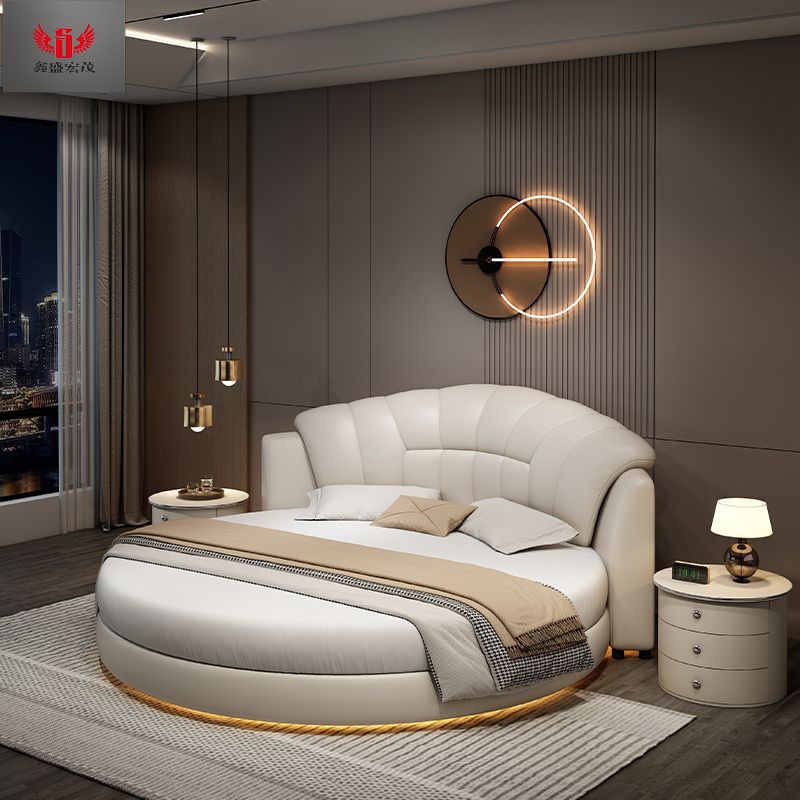 Cama redonda cama de cuero cama doble cama redonda cama de boda moderna y minimalista tema hotel residencial lámpara de inducción