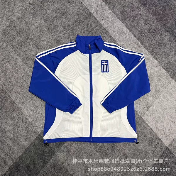 Greek team windbreaker jacket in white and blue, classic casual sportswear with embroidered logo, long-sleeved football warm-up jacket