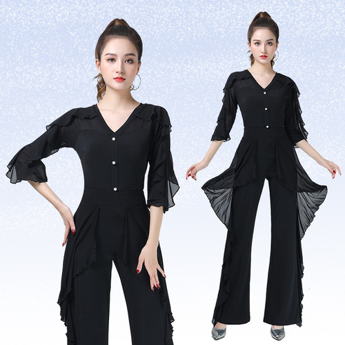 Square dance modern dance top new women's black lotus leaf three-quarter sleeve top elegant dance Latin dance costume jitterbug suit