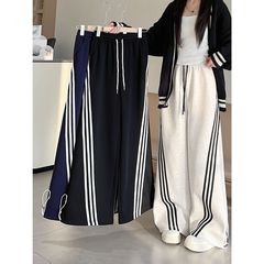 灰色条纹运动裤女秋2025新款高腰直筒宽松慵懒美式休闲阔腿卫裤子