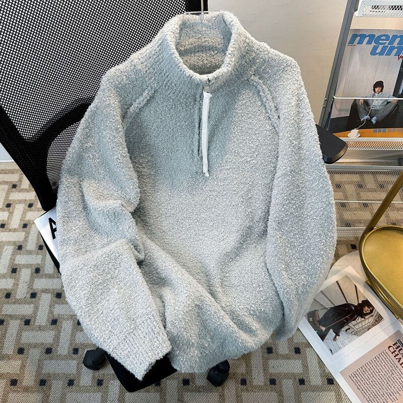 light gray American Retro Trend Zipper Vertical Collar Knitwear 2024 Autumn and Winter New Design Sense Men's Sweater