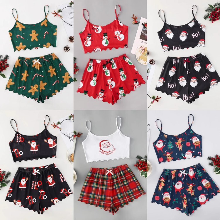Christmas European and American Style Thin Pajamas for Women, Summer Sleeveless Shorts, Milk Silk Simple Casual Two-Piece Loungewear Christmas European and American Style Thin Pajamas for Women, Summer Sleeveless Shorts, Milk Silk Simple Casual Two-Piece Loungewear