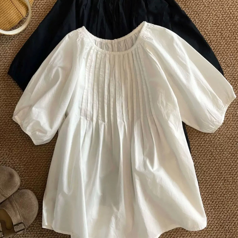 Exquisite Pleated Doll Shirt with an Accordion Style, Cotton, Loose Fit, Slimming, Three-Quarter Sleeves, Gentle Style, Versatile for Spring and Summer, Suitable for Commuting