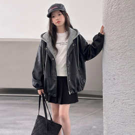 女童皮衣外套2026新款秋装洋气时髦中大童韩系连帽假两件皮衣潮