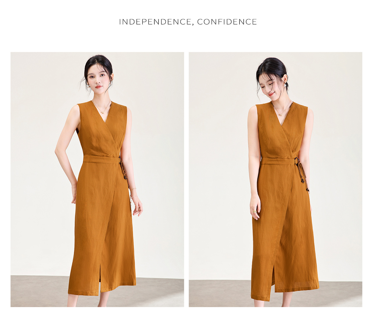 Đầm maxi nữ thắt eo phong cách Old Money chất liệu vải gai phối lụa — màu trắng ngà chi tiết 15