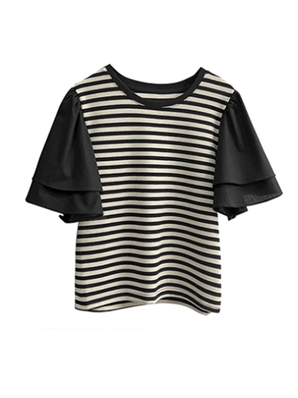 Juzhi 福祉モデル 返品交換不可 カジュアルストライプ半袖Tシャツ デザイン05629|undefined